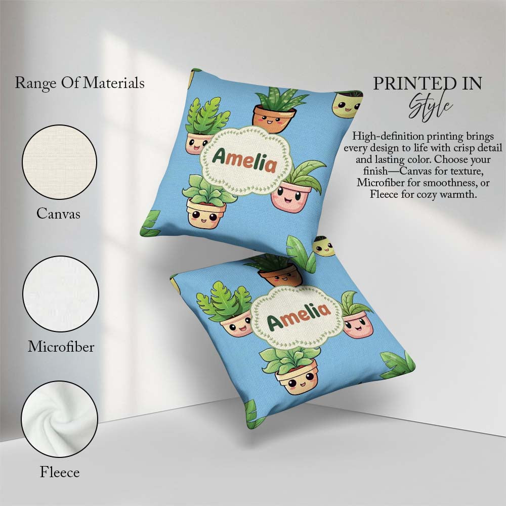 Custom Name Cute Kawaii Indoor Plants Blue Seamless Pattern Name Square Filled Cushion Throw Pillow Sofa Bed Home Decor Zip Washable UK Made