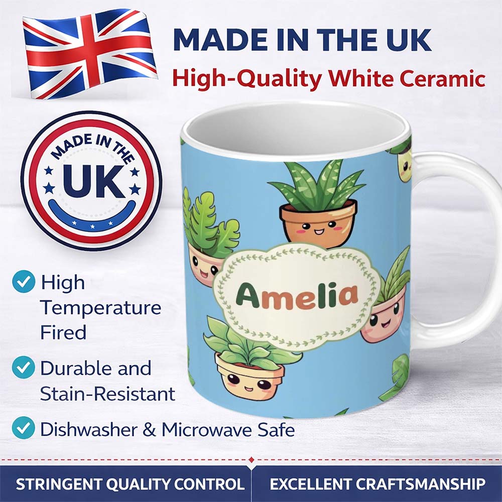 Personalized Custom Name Cute Kawaii Indoor Plants Blue Background Seamless Pattern Name 11oz Ceramic Coffee Tea Mug White Large Handle