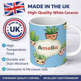 Personalized Custom Name Cute Kawaii Indoor Plants Blue Background Seamless Pattern Name 11oz Ceramic Coffee Tea Mug White Large Handle