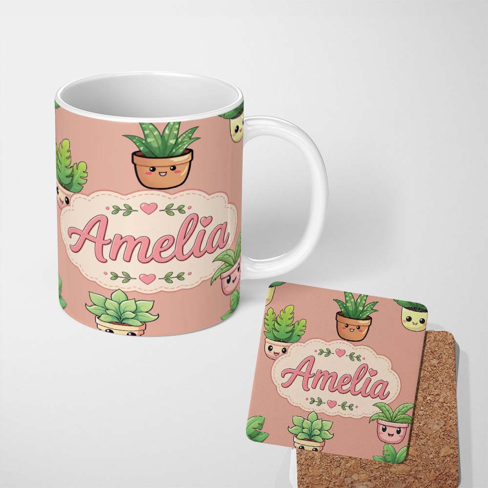 Personalized Custom Name Cute Kawaii Indoor Plants Peach Background Seamless Pattern Name 11oz Ceramic Coffee Tea Mug White Large Handle