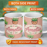Personalized Custom Name Cute Kawaii Indoor Plants Peach Background Seamless Pattern Name 11oz Ceramic Coffee Tea Mug White Large Handle