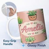 Personalized Custom Name Cute Kawaii Indoor Plants Peach Background Seamless Pattern Name 11oz Ceramic Coffee Tea Mug White Large Handle
