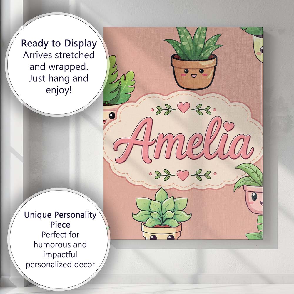 Personalised Name Cute Kawaii Indoor Plants Custom  Bespoke Interior Contemporary Canvas Wall Art Print Decor Picture Ready to Hang