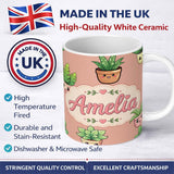 Personalized Custom Name Cute Kawaii Indoor Plants Peach Background Seamless Pattern Name 11oz Ceramic Coffee Tea Mug White Large Handle