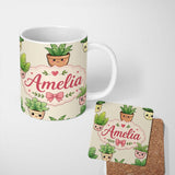 Personalized Custom Name Cute Kawaii Indoor Plants Cream Background Seamless Pattern Name 11oz Ceramic Coffee Tea Mug White Large Handle