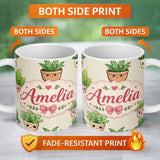 Personalized Custom Name Cute Kawaii Indoor Plants Cream Background Seamless Pattern Name 11oz Ceramic Coffee Tea Mug White Large Handle