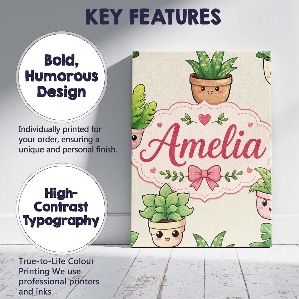 Personalised Name Cute Kawaii Indoor Plants Custom  Bespoke Interior Contemporary Canvas Wall Art Print Decor Picture Ready to Hang