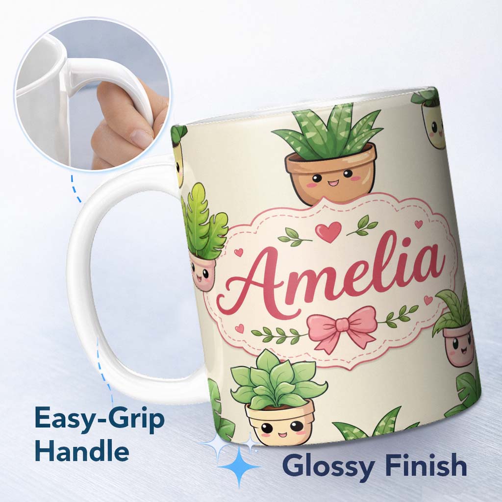 Personalized Custom Name Cute Kawaii Indoor Plants Cream Background Seamless Pattern Name 11oz Ceramic Coffee Tea Mug White Large Handle