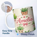 Personalized Custom Name Cute Kawaii Indoor Plants Cream Background Seamless Pattern Name 11oz Ceramic Coffee Tea Mug White Large Handle