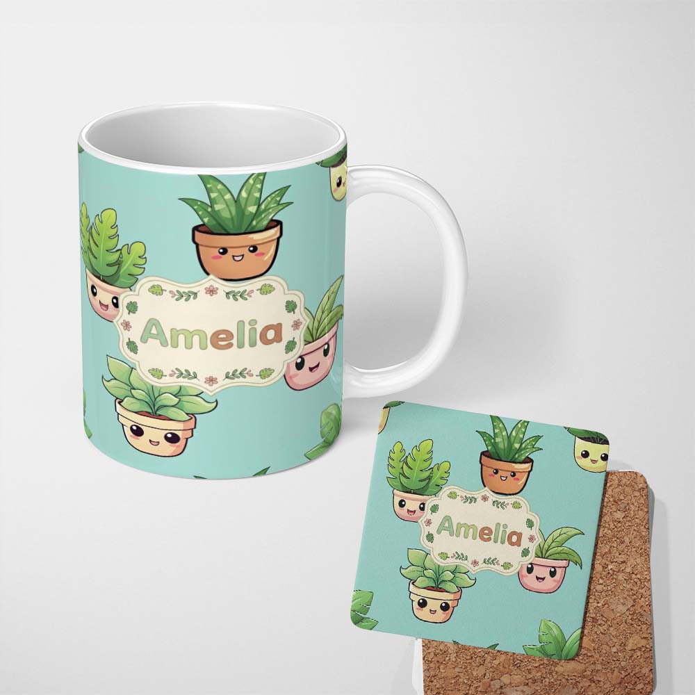 Personalized Custom Name Cute Kawaii Indoor Plants Mint Background Seamless Pattern Name 11oz Ceramic Coffee Tea Mug White Large Handle