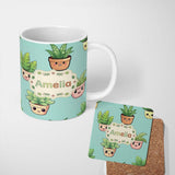 Personalized Custom Name Cute Kawaii Indoor Plants Mint Background Seamless Pattern Name 11oz Ceramic Coffee Tea Mug White Large Handle