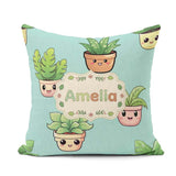 Custom Name Cute Kawaii Indoor Plants Mint Seamless Pattern Name Square Filled Cushion Throw Pillow Sofa Bed Home Decor Zip Washable UK Made