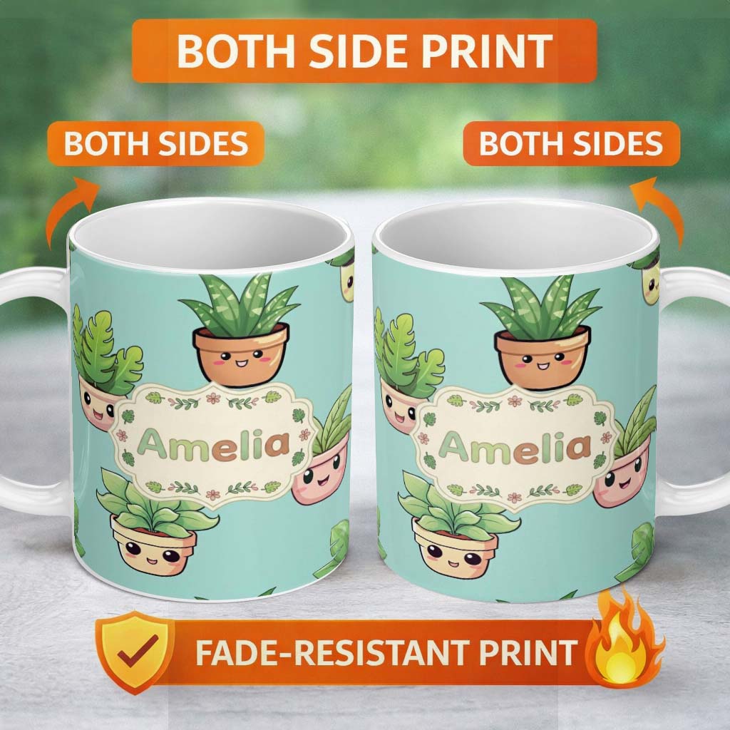 Personalized Custom Name Cute Kawaii Indoor Plants Mint Background Seamless Pattern Name 11oz Ceramic Coffee Tea Mug White Large Handle
