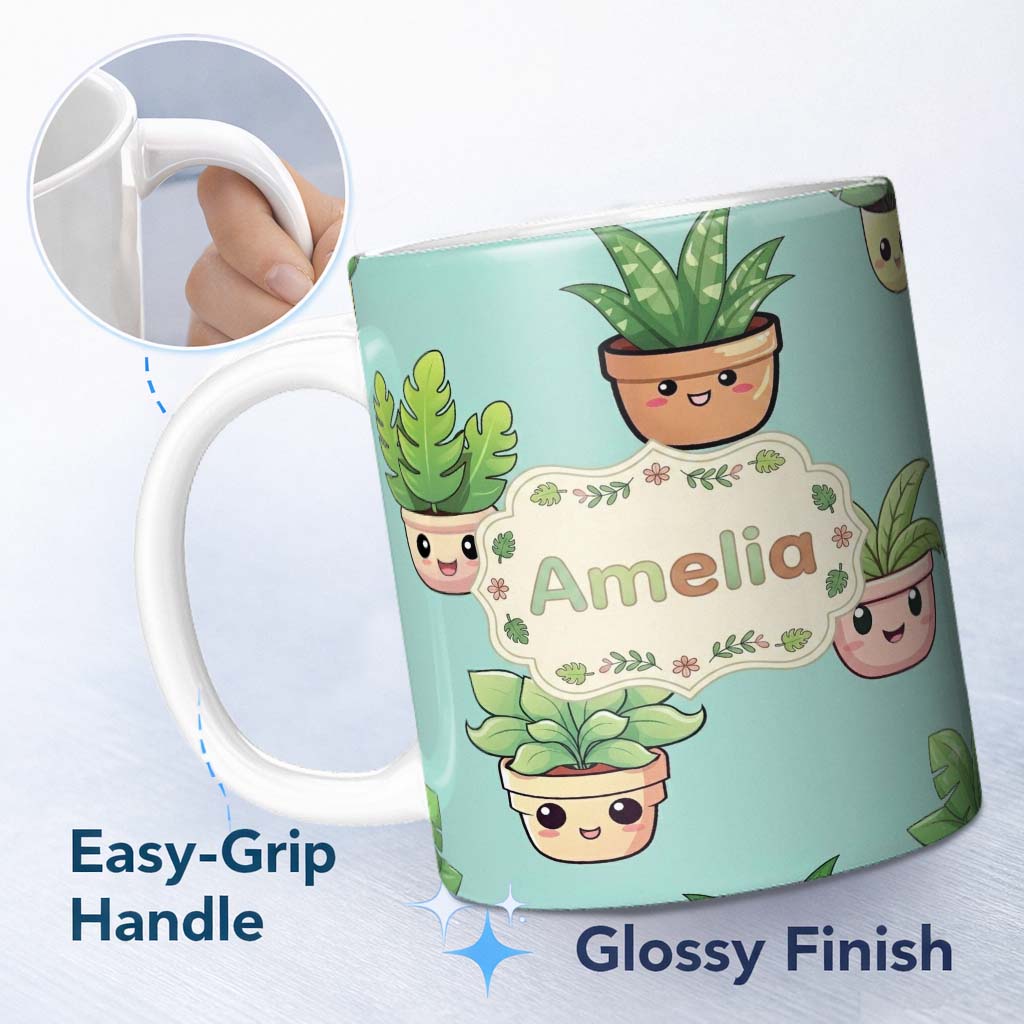 Personalized Custom Name Cute Kawaii Indoor Plants Mint Background Seamless Pattern Name 11oz Ceramic Coffee Tea Mug White Large Handle