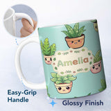 Personalized Custom Name Cute Kawaii Indoor Plants Mint Background Seamless Pattern Name 11oz Ceramic Coffee Tea Mug White Large Handle