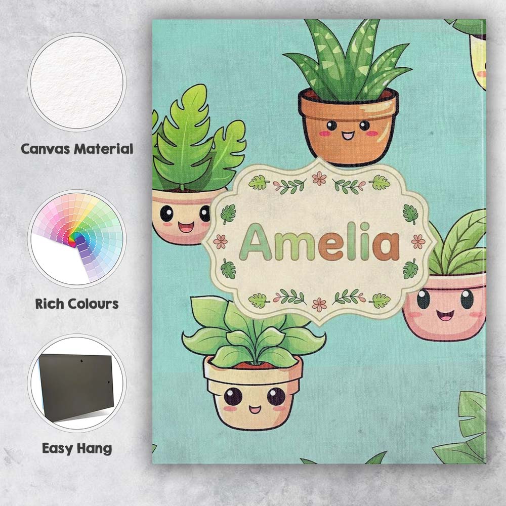 Personalised Name Cute Kawaii Indoor Plants Custom  Bespoke Interior Contemporary Canvas Wall Art Print Decor Picture Ready to Hang