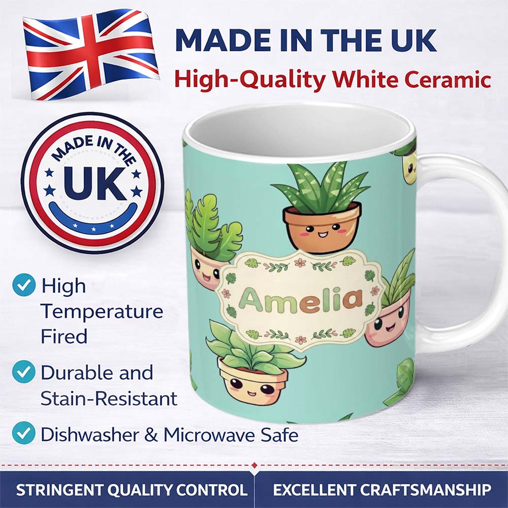 Personalized Custom Name Cute Kawaii Indoor Plants Mint Background Seamless Pattern Name 11oz Ceramic Coffee Tea Mug White Large Handle