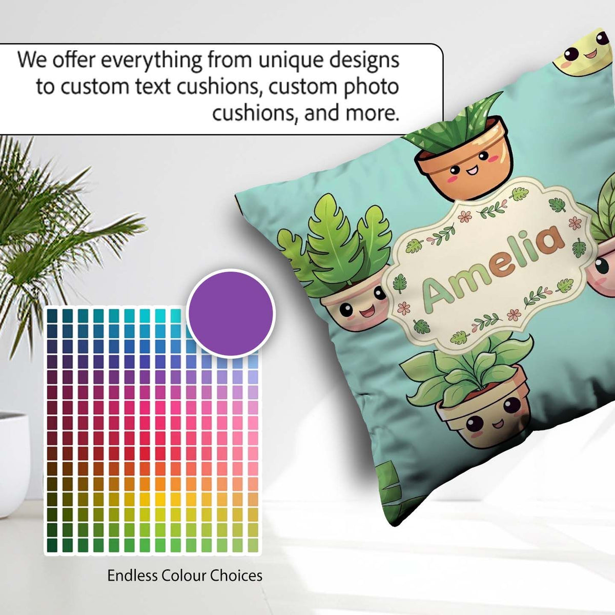 Custom Name Cute Kawaii Indoor Plants Mint Seamless Pattern Name Square Filled Cushion Throw Pillow Sofa Bed Home Decor Zip Washable UK Made