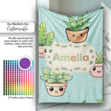 Cute Kawaii Indoor Plants Mint Background Seamless Pattern Name  Personalised Custom Name Super Soft Fleece Blanket Bed Sofa Throw