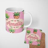 Personalized Custom Name Cute Kawaii Indoor Plants Soft Pink Background Seamless Pattern Name 11oz Ceramic Coffee Tea Mug White Large Handle