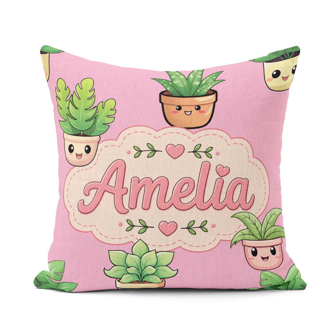 Custom Name Kawaii Indoor Plants Soft Pink Seamless Pattern Name Square Filled Cushion Throw Pillow Sofa Bed Home Decor Zip Washable UK Made