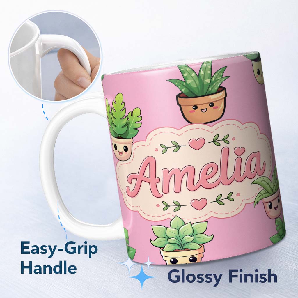 Personalized Custom Name Cute Kawaii Indoor Plants Soft Pink Background Seamless Pattern Name 11oz Ceramic Coffee Tea Mug White Large Handle