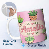 Personalized Custom Name Cute Kawaii Indoor Plants Soft Pink Background Seamless Pattern Name 11oz Ceramic Coffee Tea Mug White Large Handle
