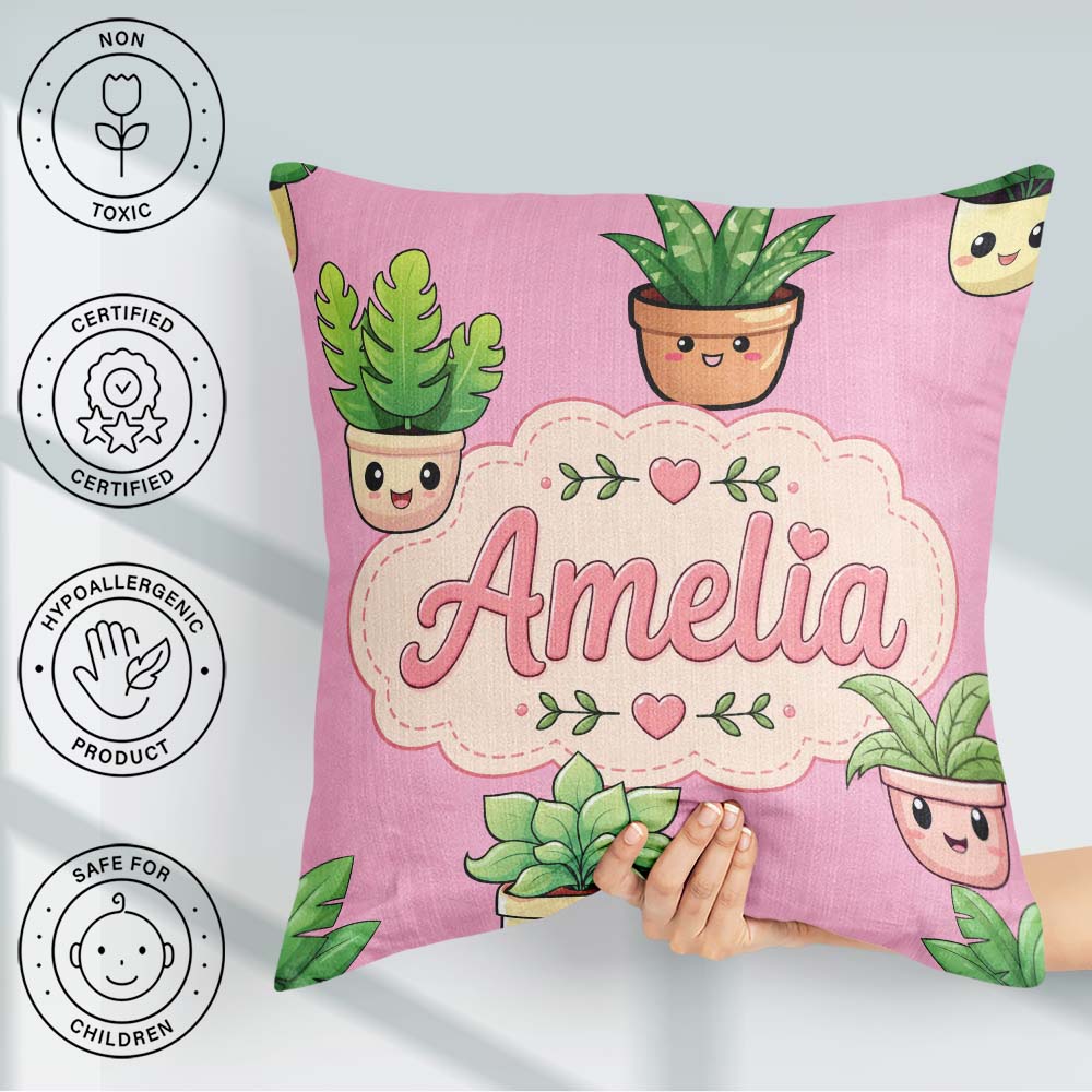 Custom Name Kawaii Indoor Plants Soft Pink Seamless Pattern Name Square Filled Cushion Throw Pillow Sofa Bed Home Decor Zip Washable UK Made