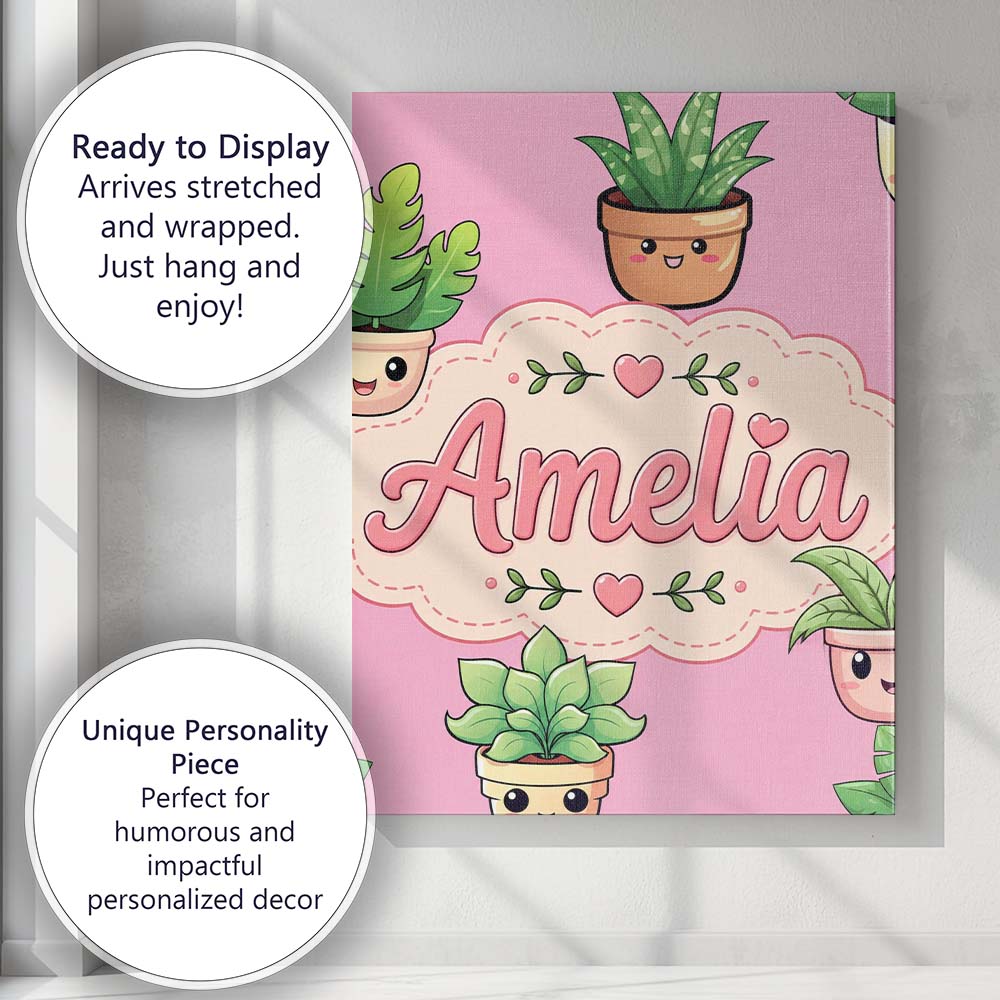 Personalised Name Cute Kawaii Indoor Plants Custom  Bespoke Interior Contemporary Canvas Wall Art Print Decor Picture Ready to Hang