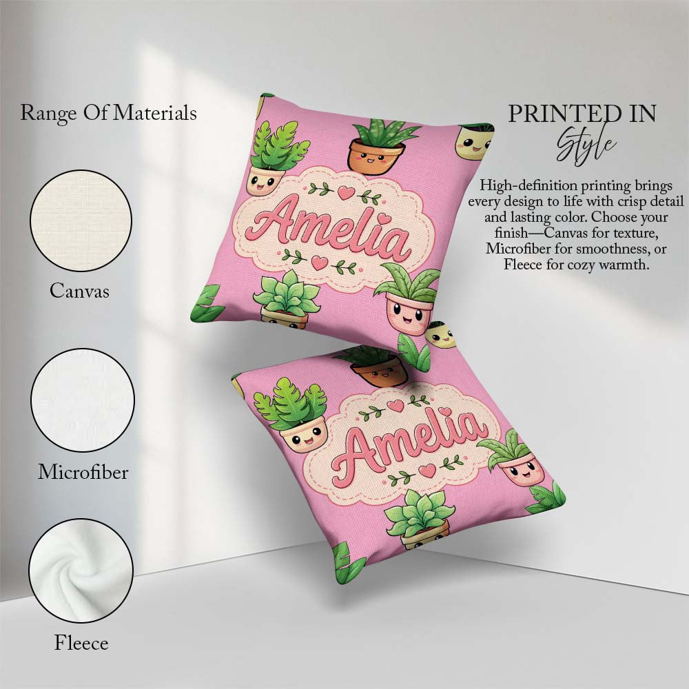 Custom Name Kawaii Indoor Plants Soft Pink Seamless Pattern Name Square Filled Cushion Throw Pillow Sofa Bed Home Decor Zip Washable UK Made