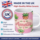 Personalized Custom Name Cute Kawaii Indoor Plants Soft Pink Background Seamless Pattern Name 11oz Ceramic Coffee Tea Mug White Large Handle