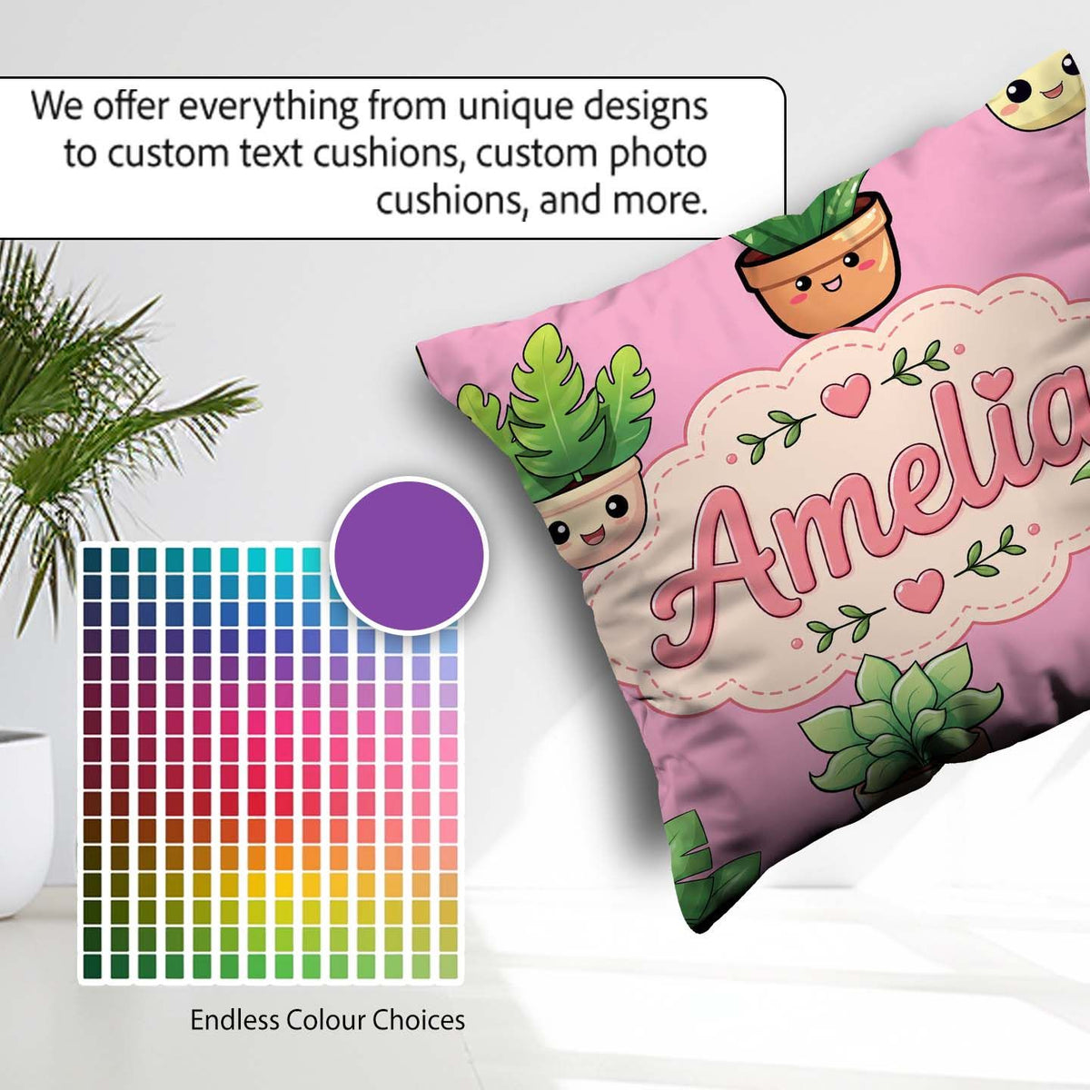 Custom Name Kawaii Indoor Plants Soft Pink Seamless Pattern Name Square Filled Cushion Throw Pillow Sofa Bed Home Decor Zip Washable UK Made