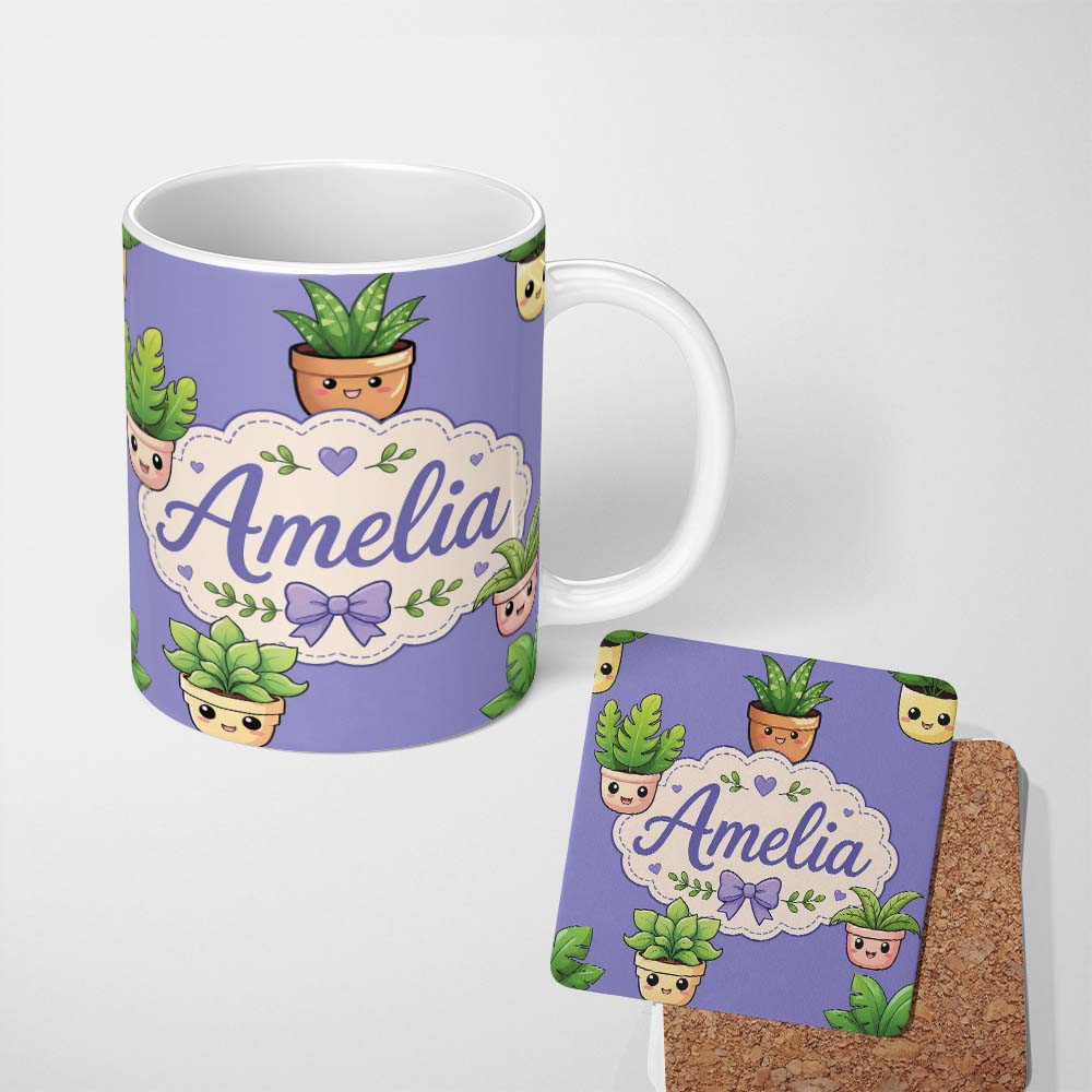 Personalized Custom Name Cute Kawaii Indoor Plants Purple Background Seamless Pattern Name 11oz Ceramic Coffee Tea Mug White Large Handle