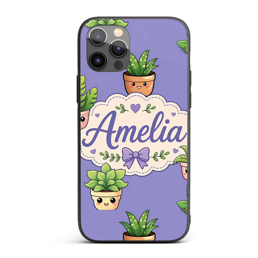Cute Kawaii Indoor Plants Purple Printed Design Custom Name Protective Phone Case Mobile Cover Durable Everyday Smartphone Shock Resistant