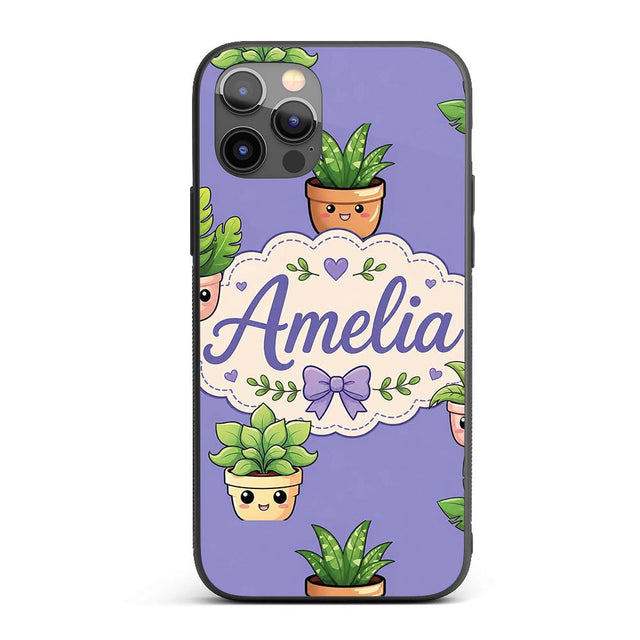 Cute Kawaii Indoor Plants Purple Printed Design Custom Name Protective Phone Case Mobile Cover Durable Everyday Smartphone Shock Resistant