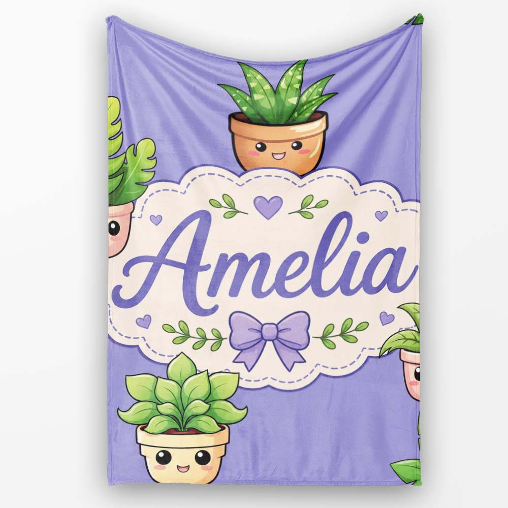 Cute Kawaii Indoor Plants Purple Background Seamless Pattern Name  Personalised Custom Name Super Soft Fleece Blanket Bed Sofa Throw