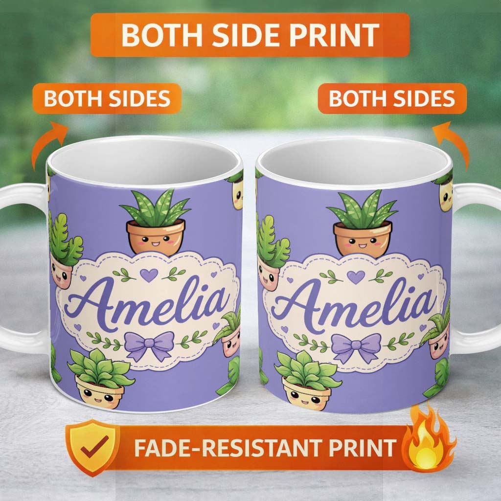 Personalized Custom Name Cute Kawaii Indoor Plants Purple Background Seamless Pattern Name 11oz Ceramic Coffee Tea Mug White Large Handle