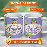 Personalized Custom Name Cute Kawaii Indoor Plants Purple Background Seamless Pattern Name 11oz Ceramic Coffee Tea Mug White Large Handle