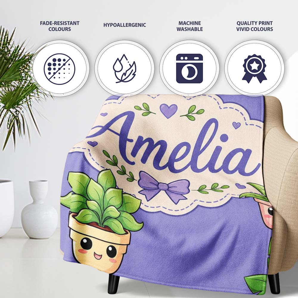 Cute Kawaii Indoor Plants Purple Background Seamless Pattern Name  Personalised Custom Name Super Soft Fleece Blanket Bed Sofa Throw