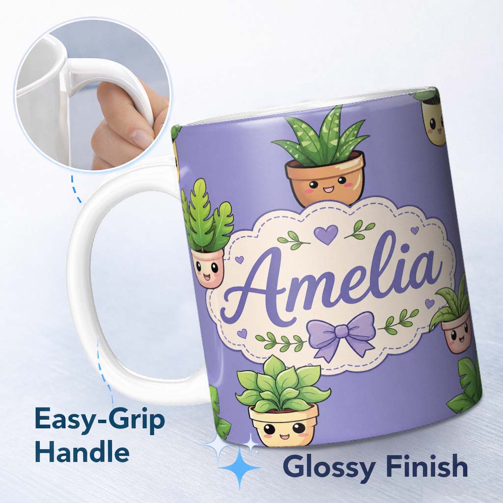 Personalized Custom Name Cute Kawaii Indoor Plants Purple Background Seamless Pattern Name 11oz Ceramic Coffee Tea Mug White Large Handle