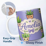 Personalized Custom Name Cute Kawaii Indoor Plants Purple Background Seamless Pattern Name 11oz Ceramic Coffee Tea Mug White Large Handle