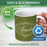 Personalized Custom Name Green Olive Leaf Scatter Seamless Pattern Organic Nature Design 11oz Ceramic Coffee Tea Mug White Large Handle