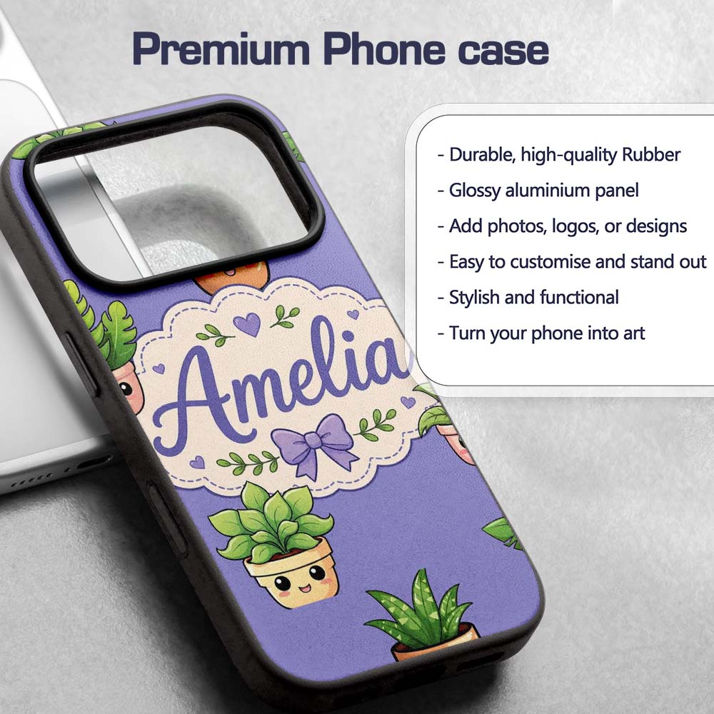 Cute Kawaii Indoor Plants Purple Printed Design Custom Name Protective Phone Case Mobile Cover Durable Everyday Smartphone Shock Resistant