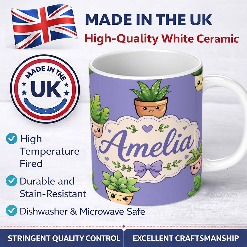 Personalized Custom Name Cute Kawaii Indoor Plants Purple Background Seamless Pattern Name 11oz Ceramic Coffee Tea Mug White Large Handle