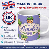 Personalized Custom Name Cute Kawaii Indoor Plants Purple Background Seamless Pattern Name 11oz Ceramic Coffee Tea Mug White Large Handle