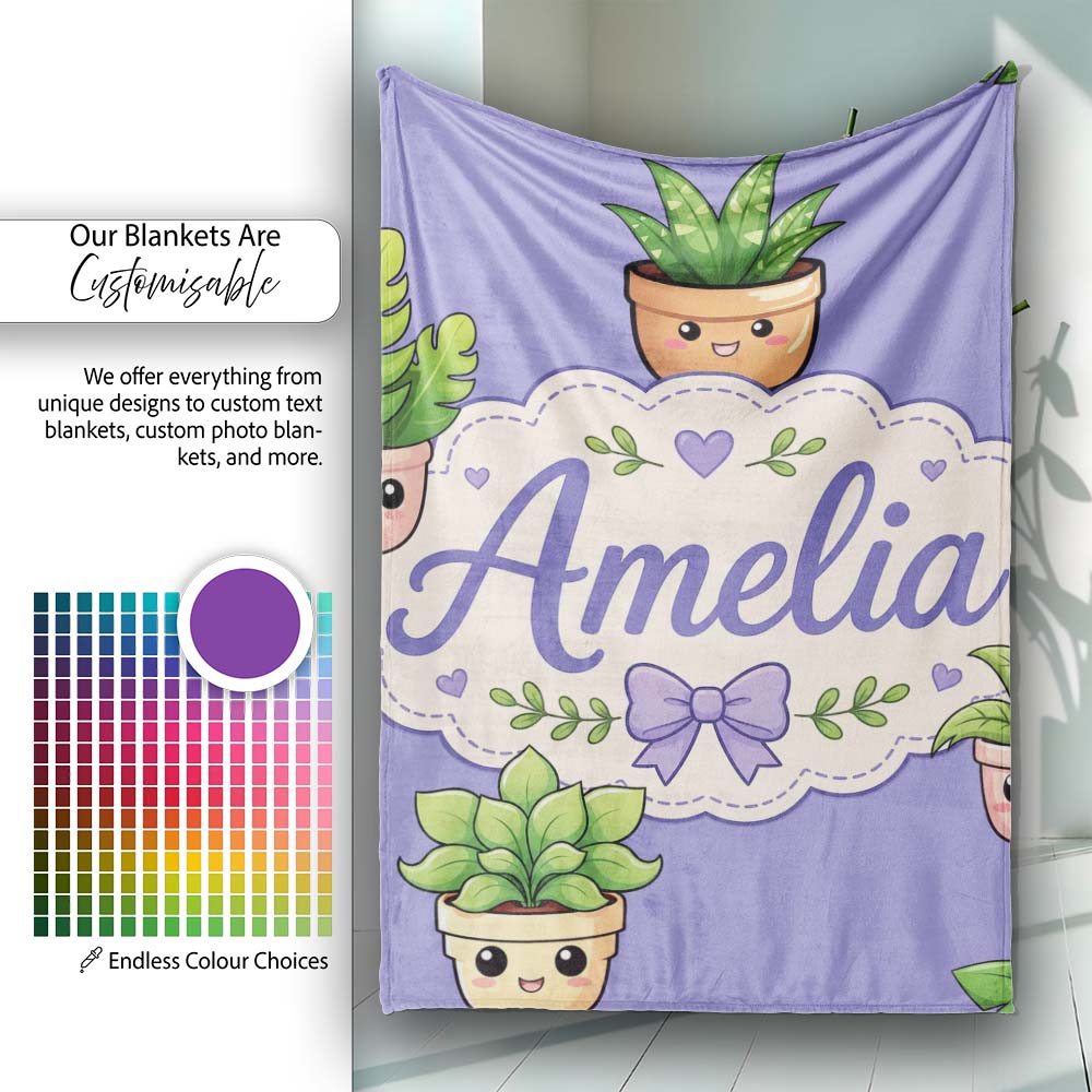Cute Kawaii Indoor Plants Purple Background Seamless Pattern Name  Personalised Custom Name Super Soft Fleece Blanket Bed Sofa Throw