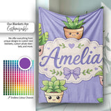 Cute Kawaii Indoor Plants Purple Background Seamless Pattern Name  Personalised Custom Name Super Soft Fleece Blanket Bed Sofa Throw