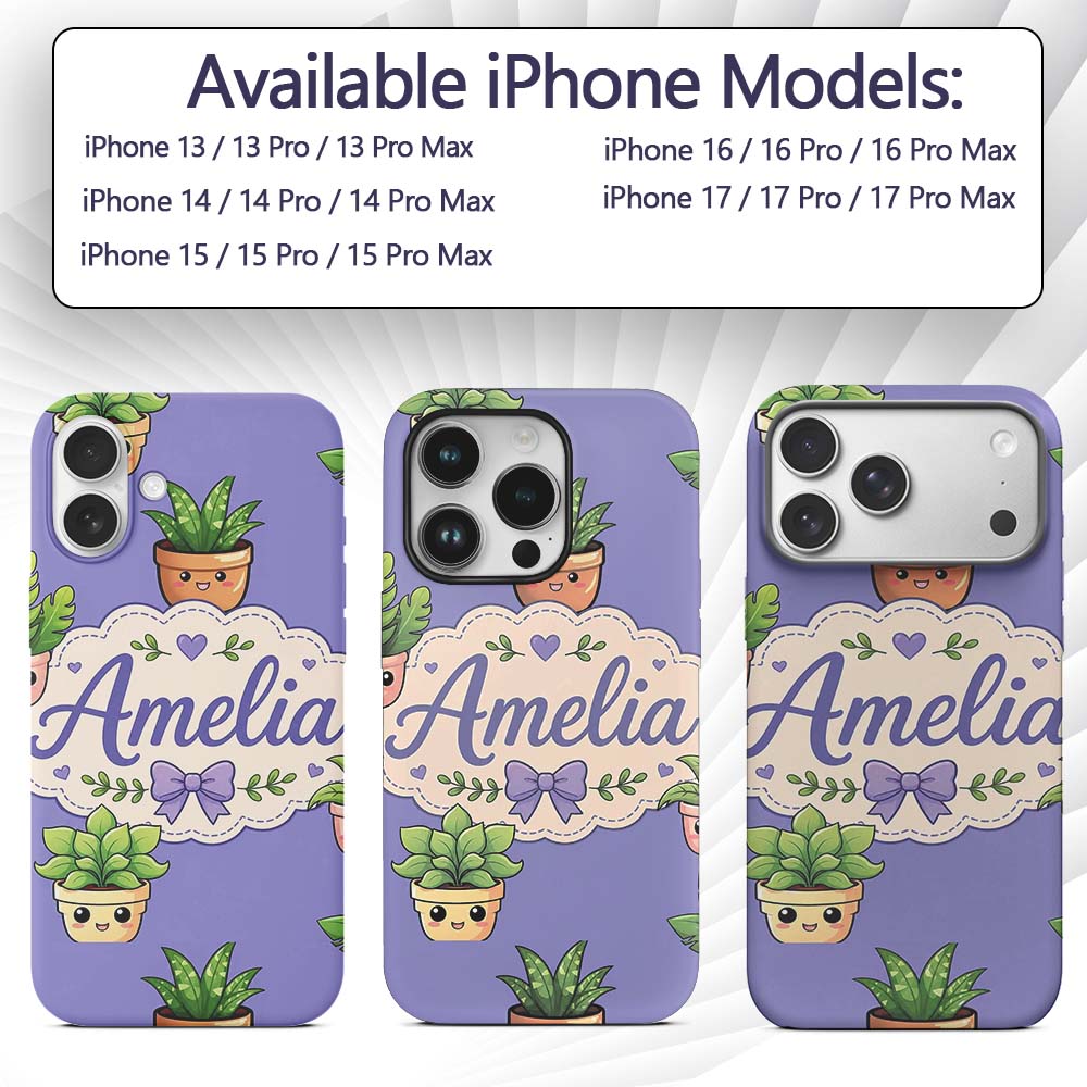 Cute Kawaii Indoor Plants Purple Printed Design Custom Name Protective Phone Case Mobile Cover Durable Everyday Smartphone Shock Resistant