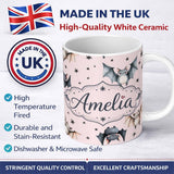 Personalized Custom Name Cute Watercolor Bats and Stars Seamless Pattern Blush Pink Lovely 11oz Ceramic Coffee Tea Mug White Large Handle