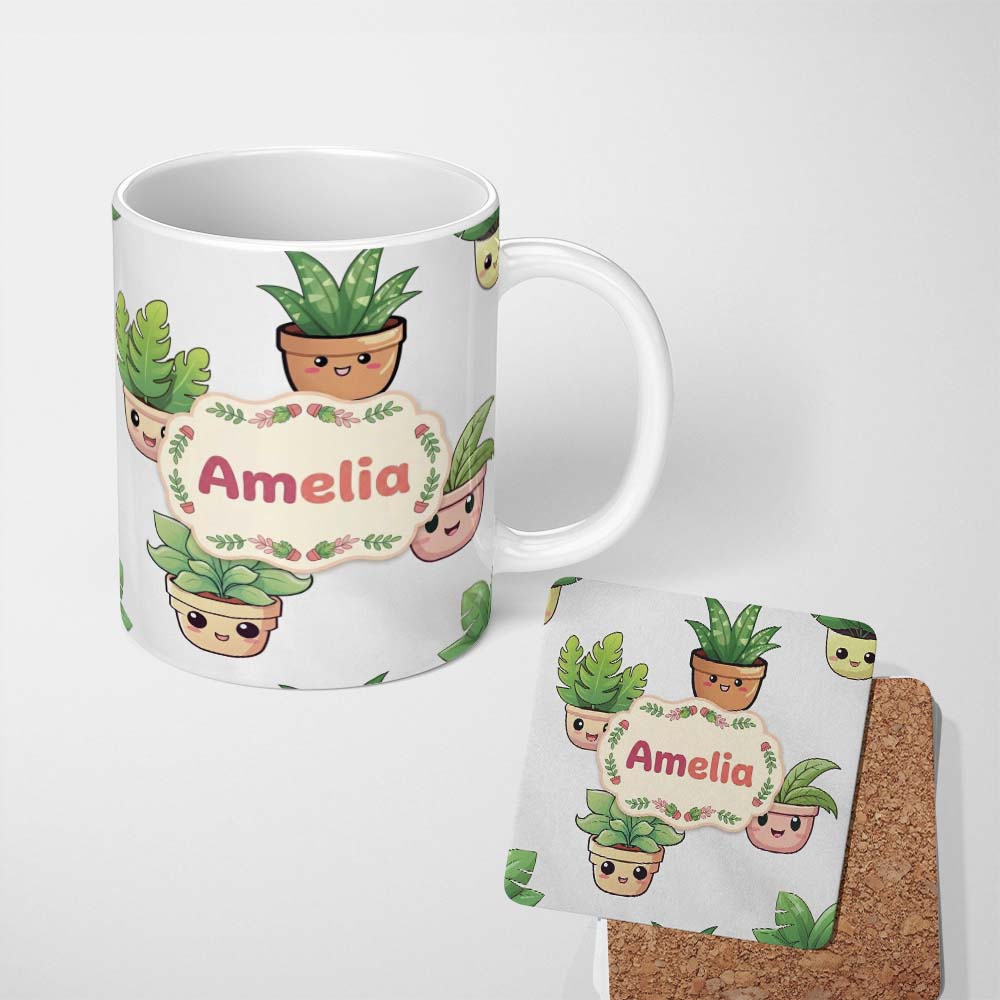 Personalized Custom Name Cute Kawaii Indoor Plants Grey Background Seamless Pattern Name 11oz Ceramic Coffee Tea Mug White Large Handle